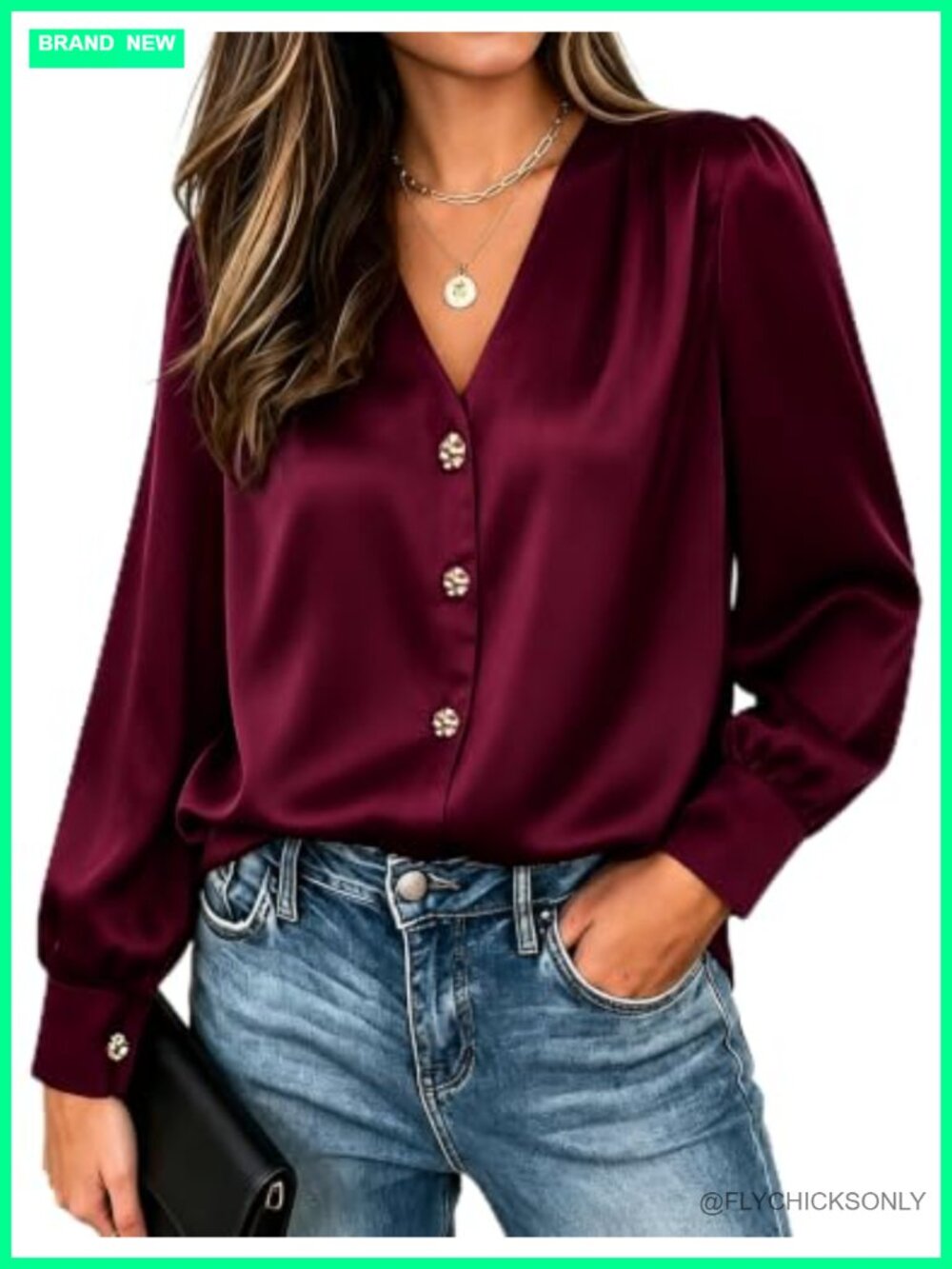 Satin Button-Down Blouse V-Neck Long Sleeve Relaxed Fit Office Top